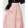 image:imagechouyatou Womens Casual Elastic Waist Ruffle Hem Skirt Vintage Bow Trim Pleated Flowy Swing Long SkirtPink