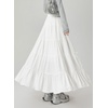 image:imagechouyatou Womens Casual Elastic Waist Ruffle Hem Skirt Vintage Bow Trim Pleated Flowy Swing Long SkirtWhite