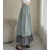 image:imagechouyatou Womens Color Block Bubble Puffy Skirt High Elastic Waist A Line Swing Long Skirt with PocketsGreen