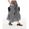 image:imagechouyatou Womens Cute 3D Floral Applique Baggy Skirt Elastic Waist Irregular Swing Midi Long Skirt with PocketsBlack Striped