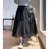image:imagechouyatou Womens Fall Winter Suede Ruffle Skirt High Elastic Waist Crochet Hem Faux Suede Leather Midi Long SkirtBlack
