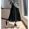 image:imagechouyatou Womens Fall Winter Suede Ruffle Skirt High Elastic Waist Crochet Hem Faux Suede Leather Midi Long SkirtBlack