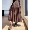 image:imagechouyatou Womens Fall Winter Suede Ruffle Skirt High Elastic Waist Crochet Hem Faux Suede Leather Midi Long SkirtCoffee Brown