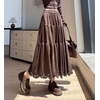 image:imagechouyatou Womens Fall Winter Suede Ruffle Skirt High Elastic Waist Crochet Hem Faux Suede Leather Midi Long SkirtCoffee Brown