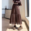 image:imagechouyatou Womens Fall Winter Suede Ruffle Skirt High Elastic Waist Crochet Hem Faux Suede Leather Midi Long SkirtCoffee Brown