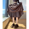 image:imagechouyatou Womens Fall Winter Suede Ruffle Skirt High Elastic Waist Crochet Hem Faux Suede Leather Midi Long SkirtCoffee Brown