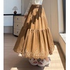 image:imagechouyatou Womens Fall Winter Suede Ruffle Skirt High Elastic Waist Crochet Hem Faux Suede Leather Midi Long SkirtKhaki