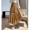 image:imagechouyatou Womens Fall Winter Suede Ruffle Skirt High Elastic Waist Crochet Hem Faux Suede Leather Midi Long SkirtKhaki