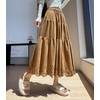 image:imagechouyatou Womens Fall Winter Suede Ruffle Skirt High Elastic Waist Crochet Hem Faux Suede Leather Midi Long SkirtKhaki