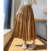 image:imagechouyatou Womens Fall Winter Suede Ruffle Skirt High Elastic Waist Crochet Hem Faux Suede Leather Midi Long SkirtKhaki