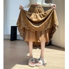 image:imagechouyatou Womens Fall Winter Suede Ruffle Skirt High Elastic Waist Crochet Hem Faux Suede Leather Midi Long SkirtKhaki