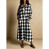 image:imagechouyatou Womens Long Sleeve Plaid Shirt Dress Button Up Polo Collar Gingham Maxi Tunic Shift Dress with PocketsBlack