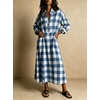 image:imagechouyatou Womens Long Sleeve Plaid Shirt Dress Button Up Polo Collar Gingham Maxi Tunic Shift Dress with PocketsBlue