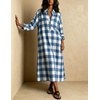 image:imagechouyatou Womens Long Sleeve Plaid Shirt Dress Button Up Polo Collar Gingham Maxi Tunic Shift Dress with PocketsBlue