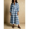image:imagechouyatou Womens Long Sleeve Plaid Shirt Dress Button Up Polo Collar Gingham Maxi Tunic Shift Dress with PocketsBlue