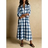 image:imagechouyatou Womens Long Sleeve Plaid Shirt Dress Button Up Polo Collar Gingham Maxi Tunic Shift Dress with PocketsBlue