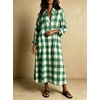 image:imagechouyatou Womens Long Sleeve Plaid Shirt Dress Button Up Polo Collar Gingham Maxi Tunic Shift Dress with PocketsGreen