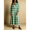 image:imagechouyatou Womens Long Sleeve Plaid Shirt Dress Button Up Polo Collar Gingham Maxi Tunic Shift Dress with PocketsGreen