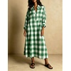 image:imagechouyatou Womens Long Sleeve Plaid Shirt Dress Button Up Polo Collar Gingham Maxi Tunic Shift Dress with PocketsGreen