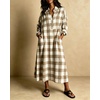 image:imagechouyatou Womens Long Sleeve Plaid Shirt Dress Button Up Polo Collar Gingham Maxi Tunic Shift Dress with PocketsKhaki