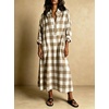 image:imagechouyatou Womens Long Sleeve Plaid Shirt Dress Button Up Polo Collar Gingham Maxi Tunic Shift Dress with PocketsKhaki