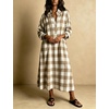 image:imagechouyatou Womens Long Sleeve Plaid Shirt Dress Button Up Polo Collar Gingham Maxi Tunic Shift Dress with PocketsKhaki