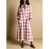 image:imagechouyatou Womens Long Sleeve Plaid Shirt Dress Button Up Polo Collar Gingham Maxi Tunic Shift Dress with PocketsPink
