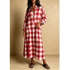 image:imagechouyatou Womens Long Sleeve Plaid Shirt Dress Button Up Polo Collar Gingham Maxi Tunic Shift Dress with PocketsRed
