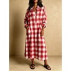 image:imagechouyatou Womens Long Sleeve Plaid Shirt Dress Button Up Polo Collar Gingham Maxi Tunic Shift Dress with PocketsRed