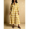 image:imagechouyatou Womens Long Sleeve Plaid Shirt Dress Button Up Polo Collar Gingham Maxi Tunic Shift Dress with PocketsYellow