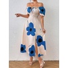 image:imagechouyatou Womens Puff Sleeve Floral Milkmaid Dress Back Smocked Square Neck Off Shoulder Midi Long Dress with SlitApricot