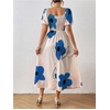 image:imagechouyatou Womens Puff Sleeve Floral Milkmaid Dress Back Smocked Square Neck Off Shoulder Midi Long Dress with SlitApricot