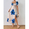 image:imagechouyatou Womens Puff Sleeve Floral Milkmaid Dress Back Smocked Square Neck Off Shoulder Midi Long Dress with SlitApricot
