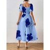 image:imagechouyatou Womens Puff Sleeve Floral Milkmaid Dress Back Smocked Square Neck Off Shoulder Midi Long Dress with SlitBlue