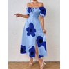 image:imagechouyatou Womens Puff Sleeve Floral Milkmaid Dress Back Smocked Square Neck Off Shoulder Midi Long Dress with SlitBlue