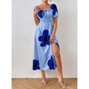 image:imagechouyatou Womens Puff Sleeve Floral Milkmaid Dress Back Smocked Square Neck Off Shoulder Midi Long Dress with SlitBlue