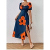 image:imagechouyatou Womens Puff Sleeve Floral Milkmaid Dress Back Smocked Square Neck Off Shoulder Midi Long Dress with SlitDark Blue
