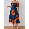image:imagechouyatou Womens Puff Sleeve Floral Milkmaid Dress Back Smocked Square Neck Off Shoulder Midi Long Dress with SlitDark Blue