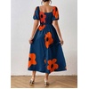 image:imagechouyatou Womens Puff Sleeve Floral Milkmaid Dress Back Smocked Square Neck Off Shoulder Midi Long Dress with SlitDark Blue