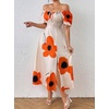 image:imagechouyatou Womens Puff Sleeve Floral Milkmaid Dress Back Smocked Square Neck Off Shoulder Midi Long Dress with SlitOrange
