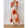 image:imagechouyatou Womens Puff Sleeve Floral Milkmaid Dress Back Smocked Square Neck Off Shoulder Midi Long Dress with SlitOrange