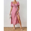 image:imagechouyatou Womens Puff Sleeve Floral Milkmaid Dress Back Smocked Square Neck Off Shoulder Midi Long Dress with SlitPlaid Red