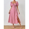 image:imagechouyatou Womens Puff Sleeve Floral Milkmaid Dress Back Smocked Square Neck Off Shoulder Midi Long Dress with SlitPlaid Red