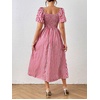 image:imagechouyatou Womens Puff Sleeve Floral Milkmaid Dress Back Smocked Square Neck Off Shoulder Midi Long Dress with SlitPlaid Red