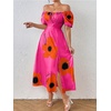 image:imagechouyatou Womens Puff Sleeve Floral Milkmaid Dress Back Smocked Square Neck Off Shoulder Midi Long Dress with SlitRose Red