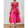 image:imagechouyatou Womens Puff Sleeve Floral Milkmaid Dress Back Smocked Square Neck Off Shoulder Midi Long Dress with SlitRose Red