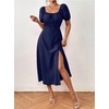 image:imagechouyatou Womens Puff Sleeve Floral Milkmaid Dress Back Smocked Square Neck Off Shoulder Midi Long Dress with SlitSolid Dark Blue