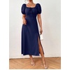 image:imagechouyatou Womens Puff Sleeve Floral Milkmaid Dress Back Smocked Square Neck Off Shoulder Midi Long Dress with SlitSolid Dark Blue
