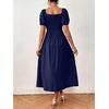 image:imagechouyatou Womens Puff Sleeve Floral Milkmaid Dress Back Smocked Square Neck Off Shoulder Midi Long Dress with SlitSolid Dark Blue