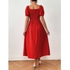 image:imagechouyatou Womens Puff Sleeve Floral Milkmaid Dress Back Smocked Square Neck Off Shoulder Midi Long Dress with SlitSolid Red